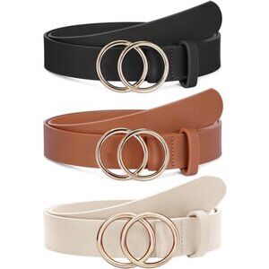 Women Leather Belts 3 Pack Gold Buckle Waist Belts for Jeans Dresses Pants